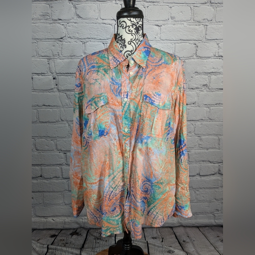 Ralph Lauren women's Long Sleeve button front Geometric Print top Sz 2x NWT B18a